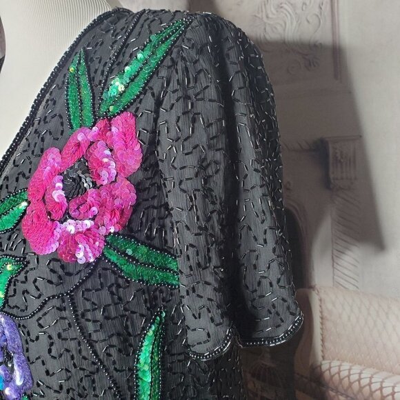 LAWRENCE Kazar 100% Pure Silk Black Lined Sequins Beads Party Blouse Size Medium - Picture 4 of 9